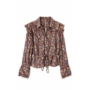 Free People Large Red Brick Combo Floral Daybreak Blouse Ruffle Boho