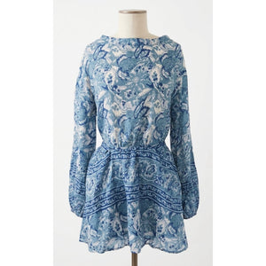 Free People Small Blue Paisley Wanderlust Long Sleeve Mini Dress NWT