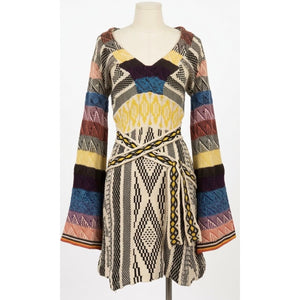 Free People Small Boho Patchwork Bell Sleeve V-Neck Sweater Dress NWOT
