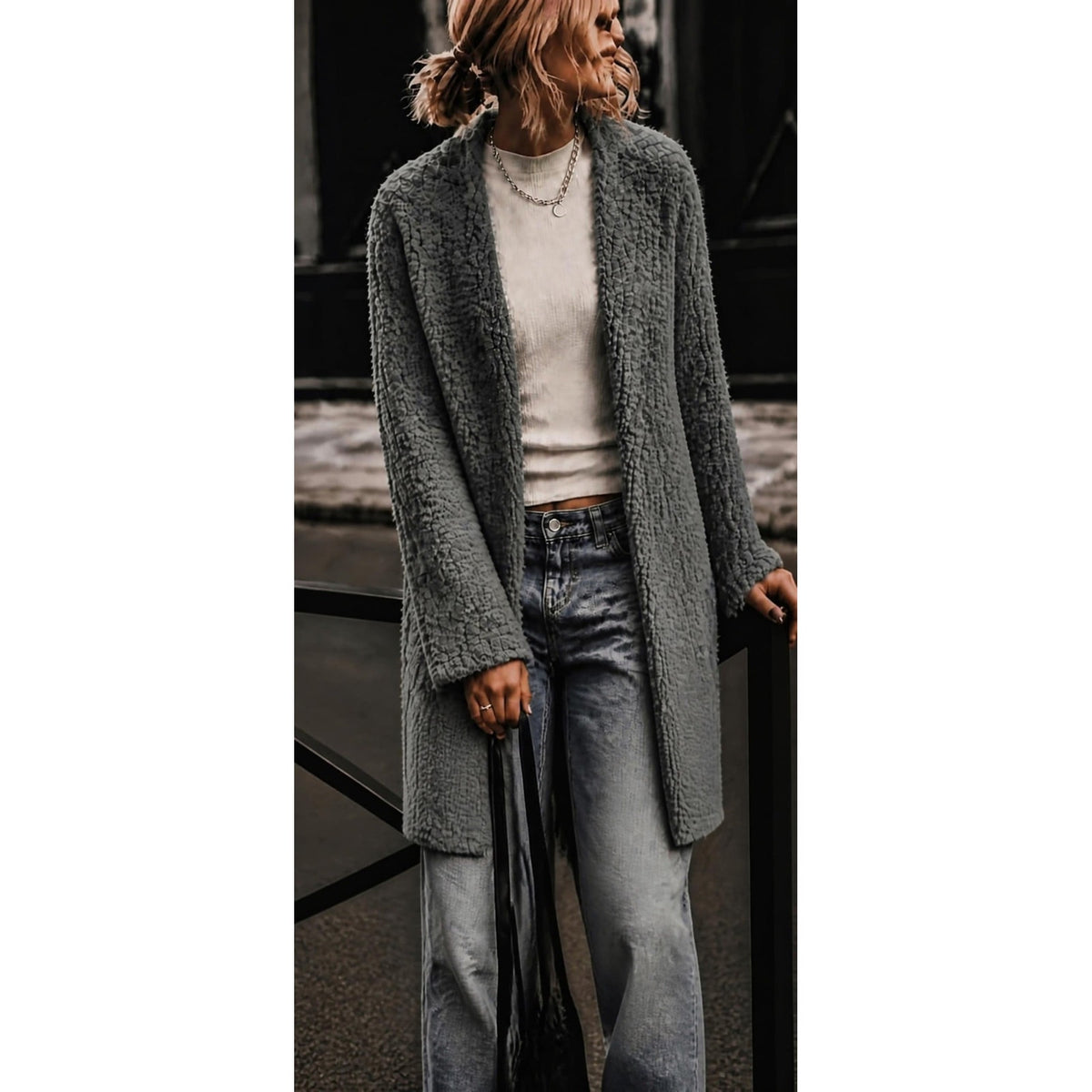 POL Clothing Plus Size Shaggy Eyelash Knit Long Duster Cardigan Charcoal Grey 2X