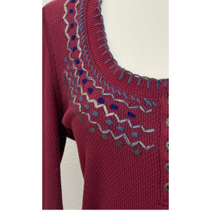 Free People Fair Isle Embroidered Burgundy Waffle Knit Henley Thermal Top