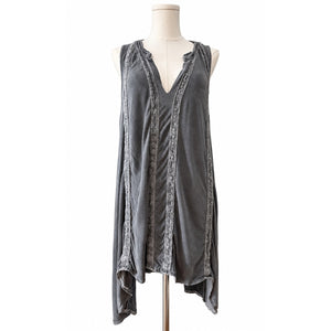 POL Charcoal Gray High-Low Asymmetrical Lace Trim Boho Tunic Dress Small