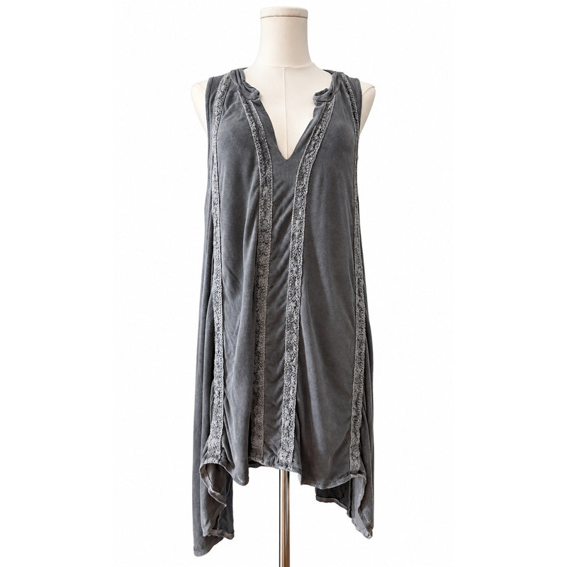 POL Charcoal Gray High-Low Asymmetrical Lace Trim Boho Tunic Dress Small