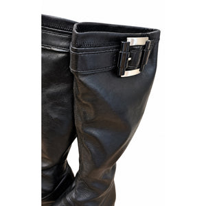 Franco Sarto Black Leather Knee High Wedge Boots Silver Buckle 7.5 NWOT