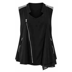 Hem & Thread Black Gray Plaid Asymmetrical Zip Moto Vest Boho
 Large