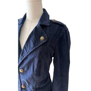 Free People The Originals Vintage Navy Velvet Military Coat Gold Buttons