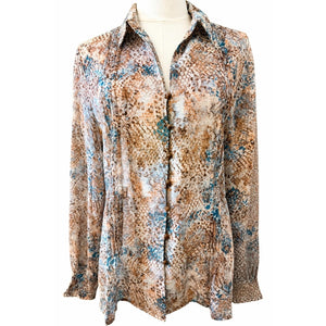 Mystree Pintuck Snakeskin Animal Print Button Down Blouse Long Sleeve Large NWT