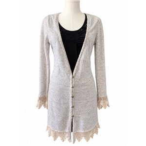 Free People Vintage Oatmeal Lace Trim Boho Long Cardigan Dress Medium