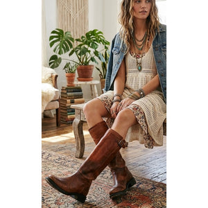 FREEBIRD BY STEVEN Roadey Distressed Leather Back Zip Riding Boots Cognac 38 (7-7.5) BRAND NEW