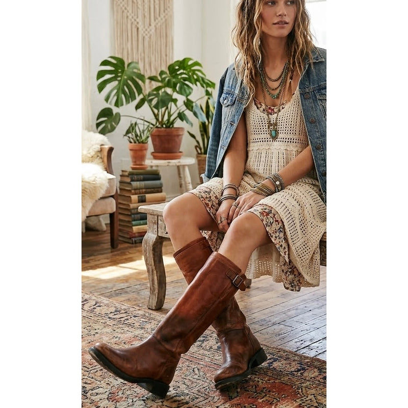 FREEBIRD BY STEVEN Roadey Distressed Leather Back Zip Riding Boots Cognac 38 (7-7.5) BRAND NEW