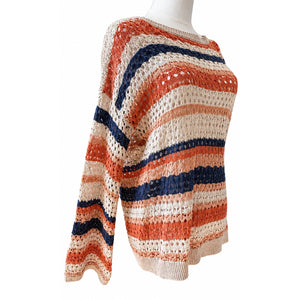 Hem & Thread Boho Open Crochet Striped Oversized Sweater Medium Cotton Blend NWT