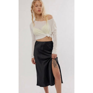 Free People Sweet Talker Black Front Slit Midi Skirt LARGE NWOT