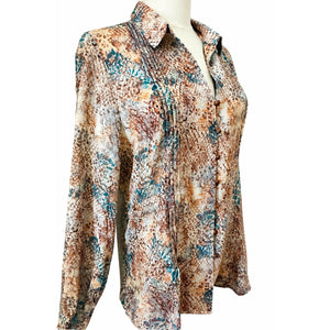 Mystree Pintuck Snakeskin Animal Print Button Down Blouse Long Sleeve Large NWT