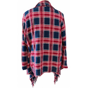 KORI America Red Navy Plaid Fringe Open Front Cardigan Jacket Boho Medium
