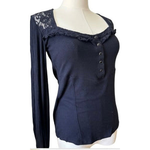 Free People Large Come On Over Ribbed Lace Henley Top Navy Blue Shirt