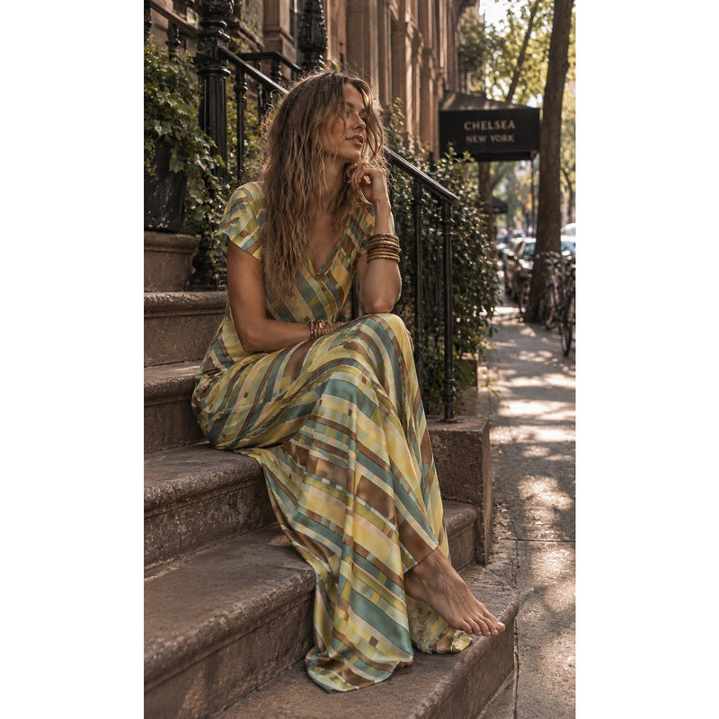 Rare Vintage Betsey Johnson 100% Silk Bias Cut Maxi Dress Geometric Print Size Petite Like New