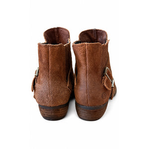 BORN Brown Suede Double Buckle Ankle Boots Size 7.5 Distressed Western Boho