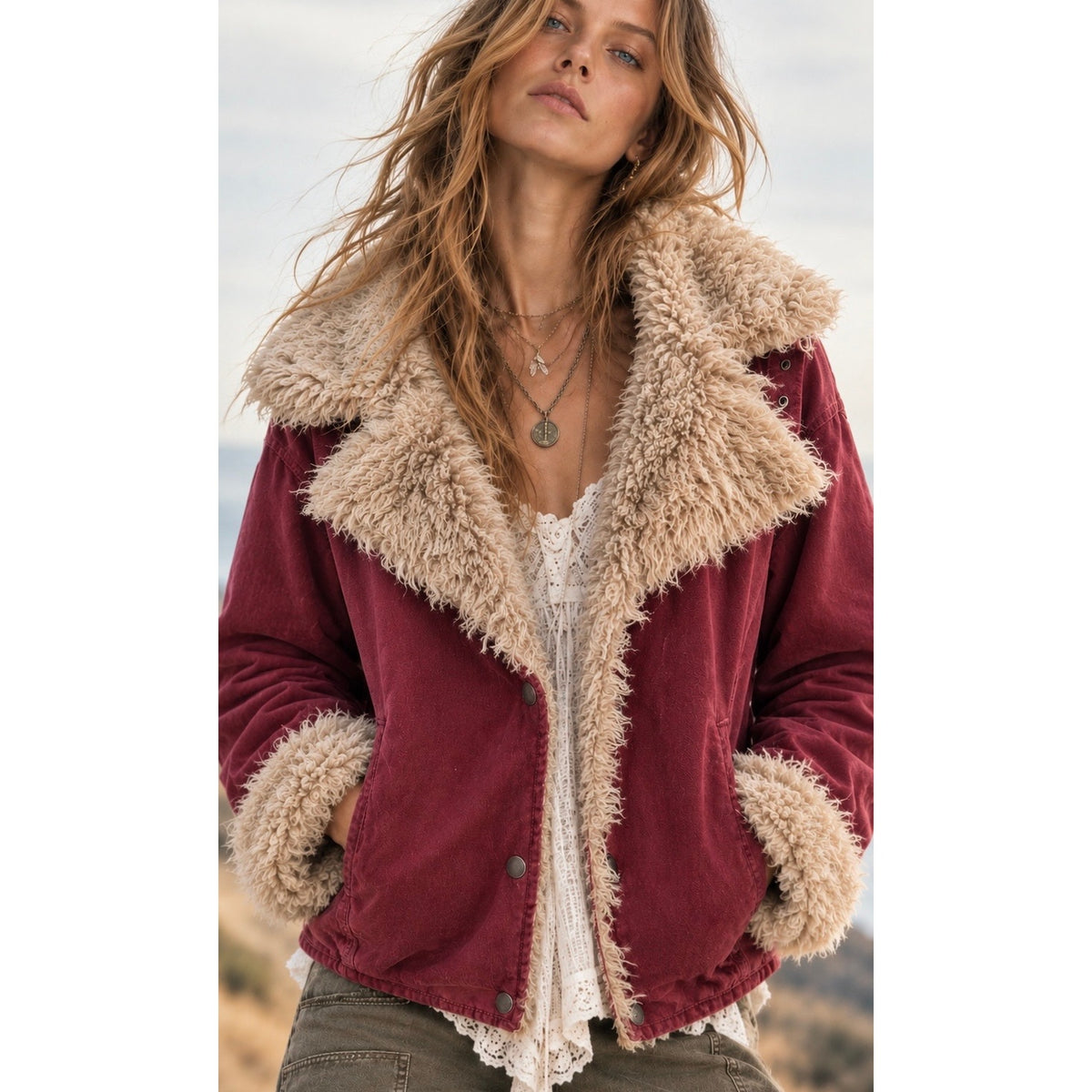 Free People Large Owen Sherpa Denim Jacket in Wine Red Burgundy