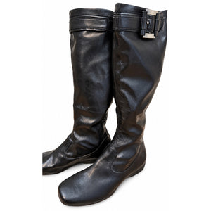 Franco Sarto Black Leather Knee High Wedge Boots Silver Buckle 7.5 NWOT