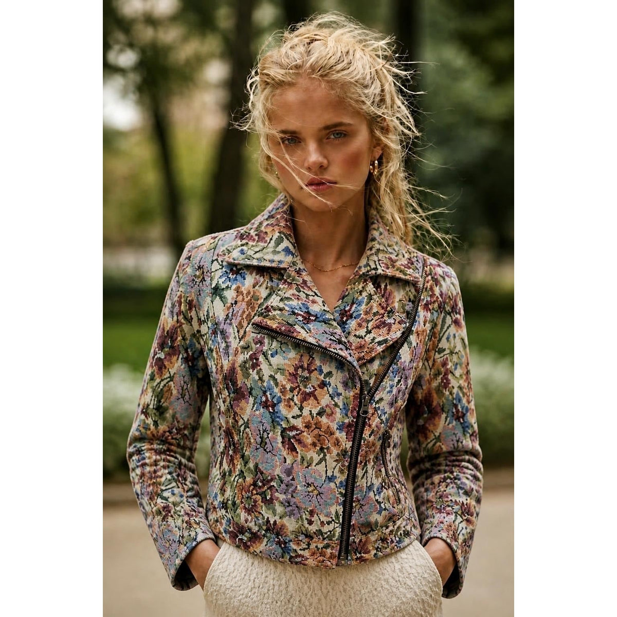 Free People Floral Tapestry Moto Jacket Asymmetrical Full Zip Crop Boho Size 2