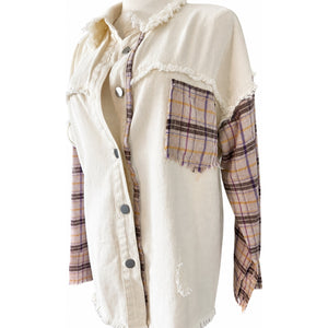 Blue B Boho Plaid Mixed-Media Distressed Shacket Shirt Jacket Medium