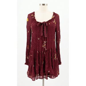 Free People Small Garden Glory Mini Dress in Cabernet Embroidered Boho Smocked Long Sleeve
