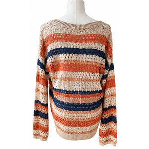 Hem & Thread Boho Open Crochet Striped Oversized Sweater Medium Cotton Blend NWT