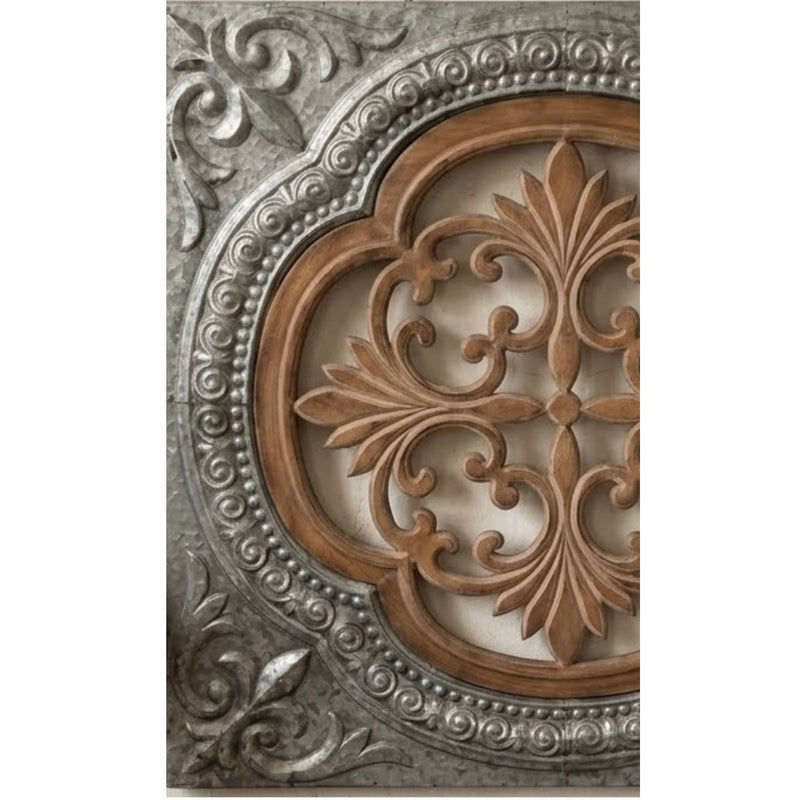 Rustic Galvanized Metal Medallion Square Fleur De Lis Scrollwork Carving Wall Decor