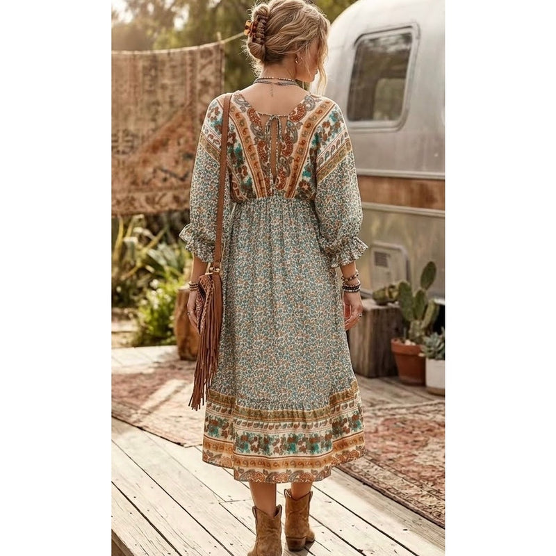 Umgee Mixed Print Hi-Low 3/4 Sleeve Border Print Dress Size Large NEW WITH TAGS