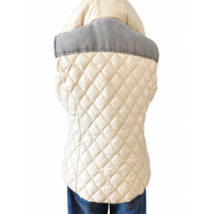 Tommy Hilfiger Ivory Quilted Hooded Vest Gray Yoke Plaid Lined Preppy Medium NWOT