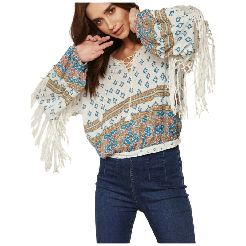 Free People Macra-Maze Me Ivory Fringe Top Medium $128 New With Tags