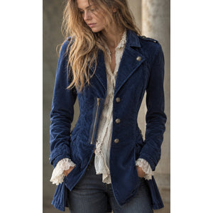 Free People The Originals Vintage Navy Velvet Military Coat Gold Buttons