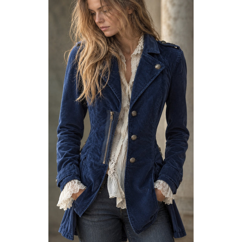 Free People The Originals Vintage Navy Velvet Military Coat Gold Buttons
