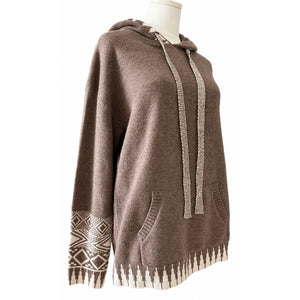 Hem and Thread Heather Brown Boho Aztec Pattern Knit Hoodie Sweater Large NWT