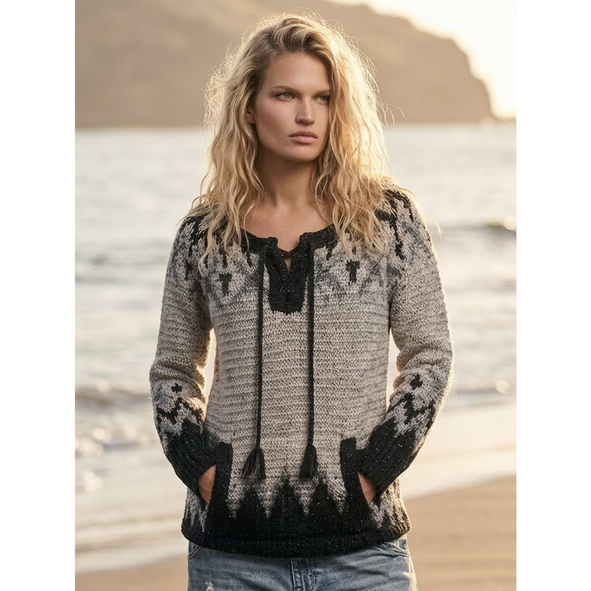 Free People Large Love Bug Metallic Nordic Fair Isle Lace-Up Sweater