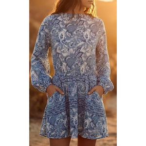 Free People Small Blue Paisley Wanderlust Long Sleeve Mini Dress NWT