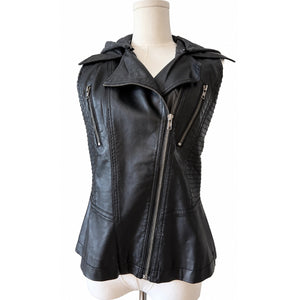 Hem & Thread Black Vegan Leather Moto Detachable Hood Biker Boho Vest Medium NWOT