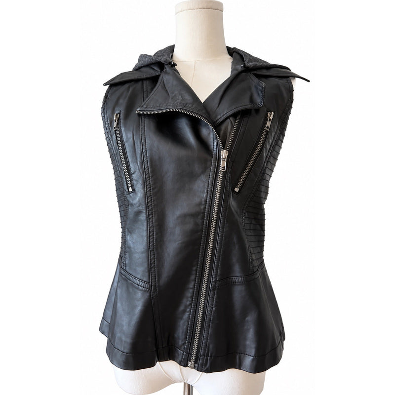 Hem & Thread Black Vegan Leather Moto Detachable Hood Biker Boho Vest Medium NWOT