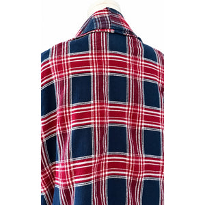 KORI America Red Navy Plaid Fringe Open Front Cardigan Jacket Boho Medium