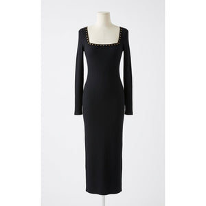 Free People Medium Simone Studded Ribbed Knit Midi Dress Black NWT