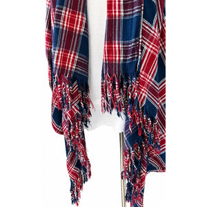 KORI America Red Navy Plaid Fringe Open Front Cardigan Jacket Boho Medium