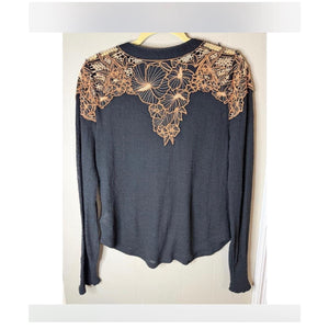 Free People Medium Easy Breezy Embroidered Floral Lace Henley Top Heather Charcoal