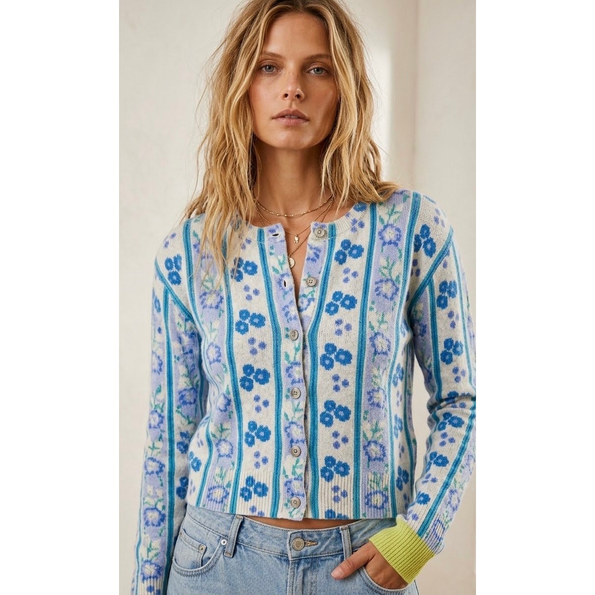 Free People Small Nocturnal Patterned Cashmere Cardi Sweater French Blue Like New