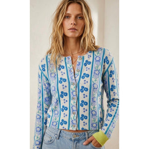 Free People Small Nocturnal Patterned Cashmere Cardi Sweater French Blue Like New