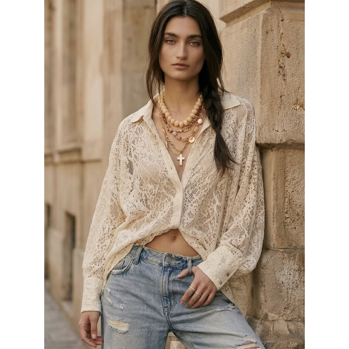 Free People Small In Your Dreams Lace Buttondown Tea Cream Feminine Shirt