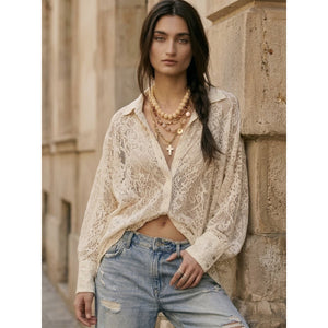 Free People Small In Your Dreams Lace Buttondown Tea Cream Feminine Shirt
