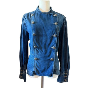Free People Medium Imogene Blue Denim Military Officer Jacket