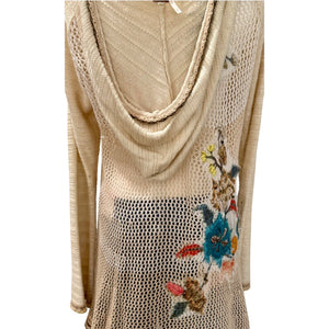 Free People Menagerie Embroidered Crochet Hooded Sweater Tunic Medium Excellent Conditon