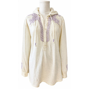 Free People Ivory Purple Small Embroidered Hooded Tunic Top Boho NWOT