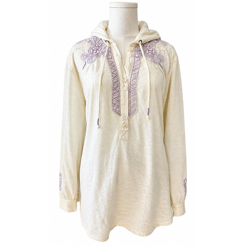 Free People Ivory Purple Small Embroidered Hooded Tunic Top Boho NWOT
